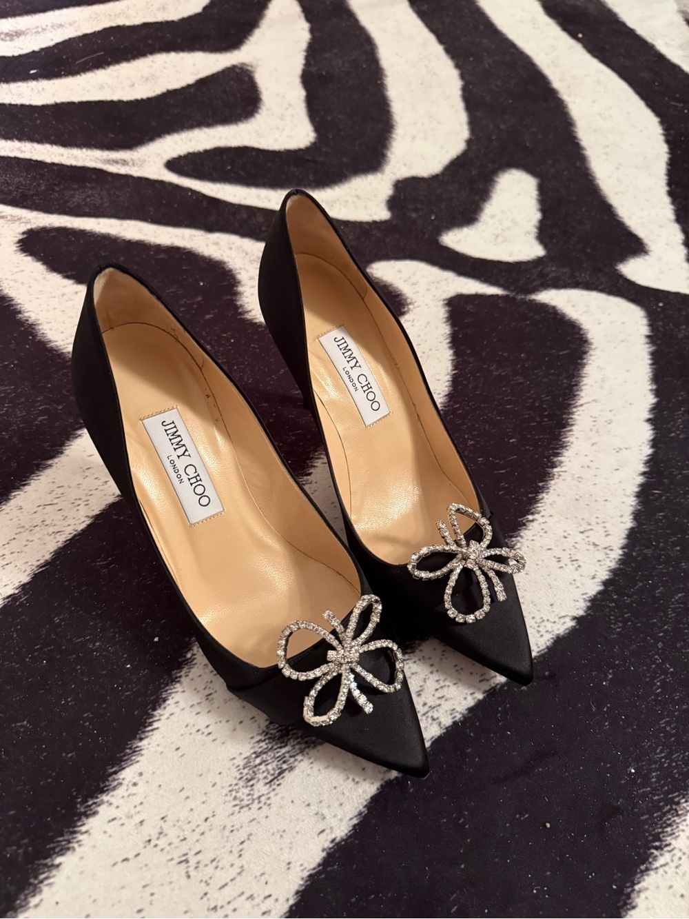 Jimmy Choo Black Satin Pointed Toe Pumps with Crystal Bow Accent